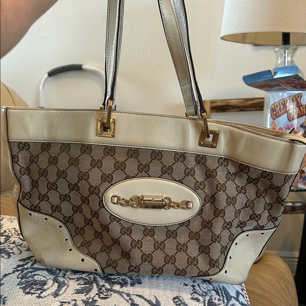 Gucci Brown GG Canvas and Cream Leather Tote with Gold Hardware